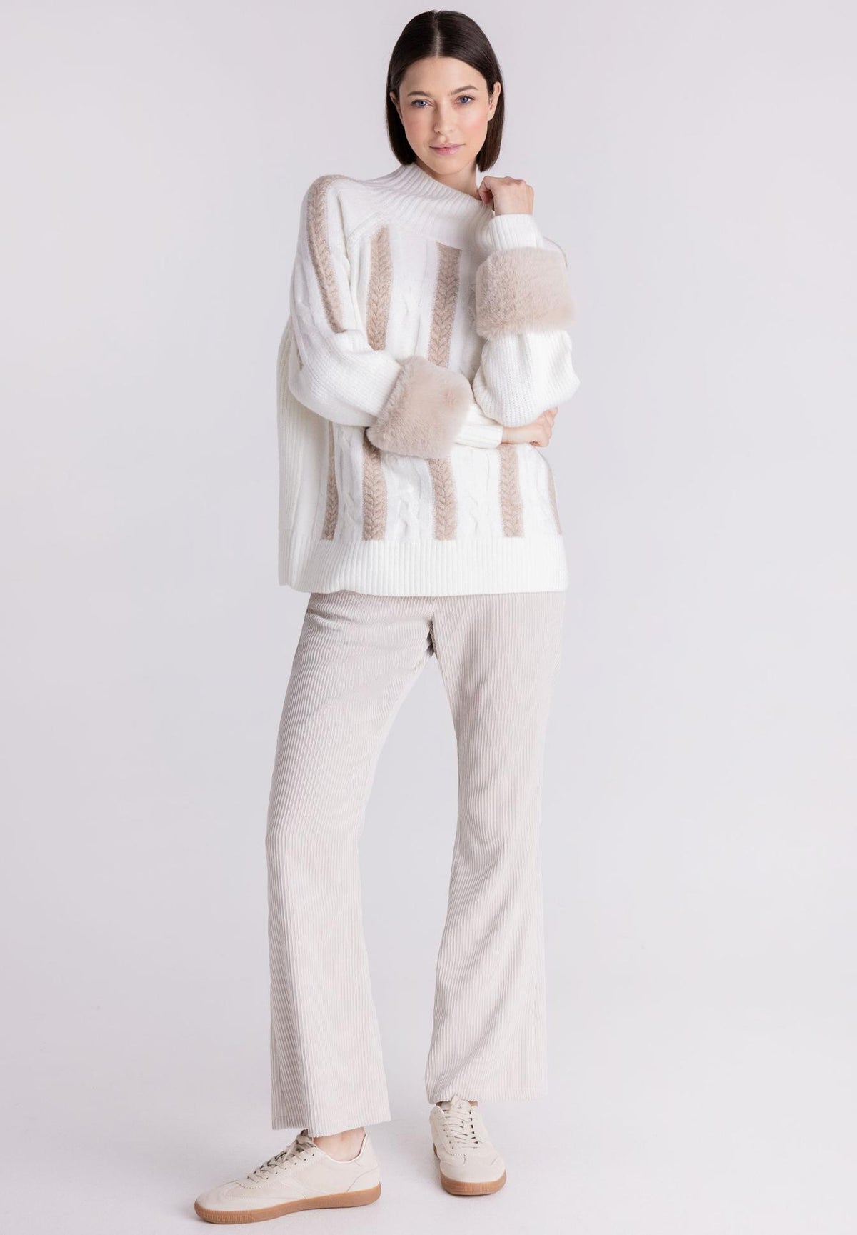 Furry Cuffed Cable Knit Sweater