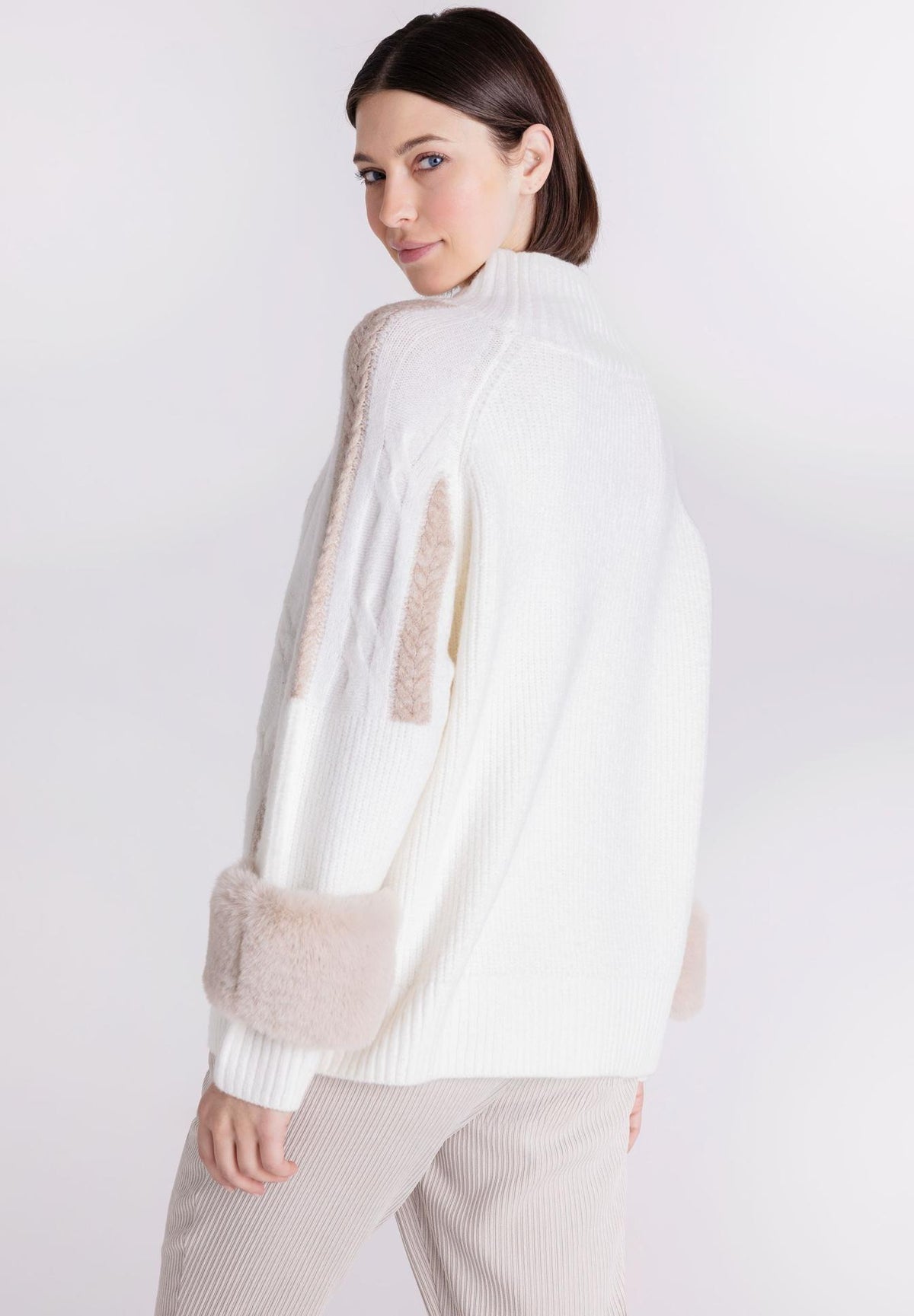 Furry Cuffed Cable Knit Sweater