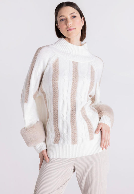 Furry Cuffed Cable Knit Sweater
