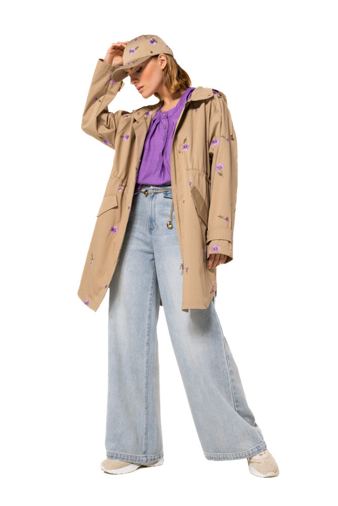 Hooded Unlined Parka W/Embroidered Florets