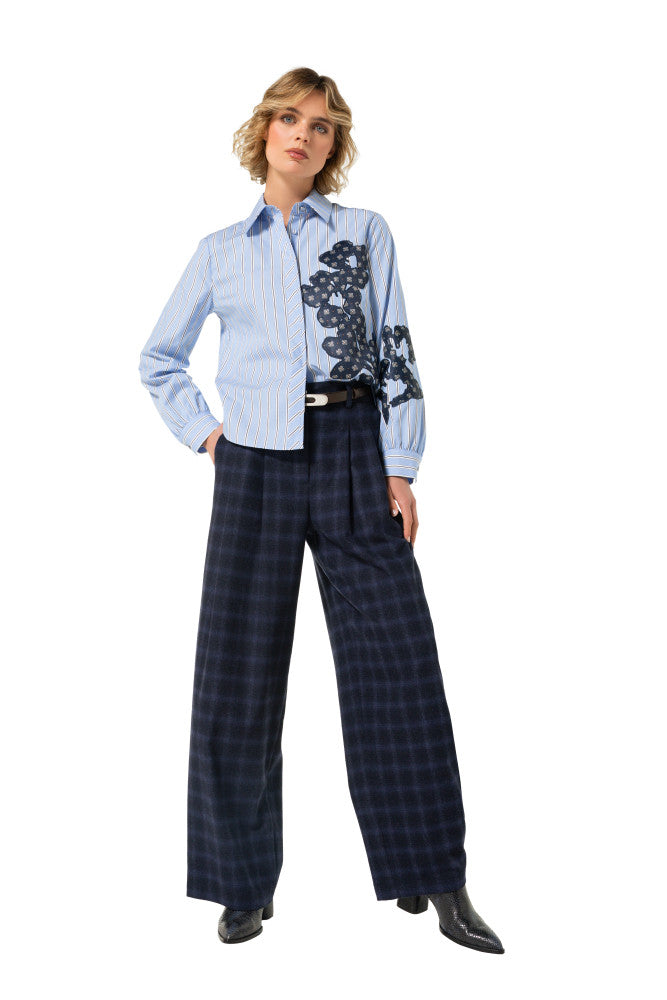 Flower Embossed Striped Cotton Blouse