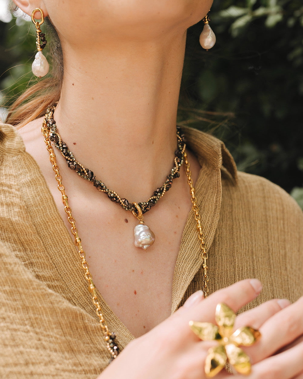 Hand-braided Necklace w. Freshwater Baroque Pearl