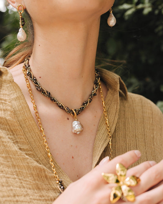 Hand-braided Necklace w. Freshwater Baroque Pearl