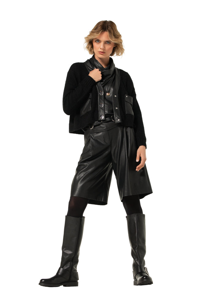 Leather Detailed Cropped Knit Cardigan