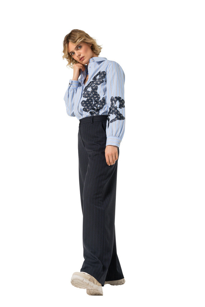 Flower Embossed Striped Cotton Blouse