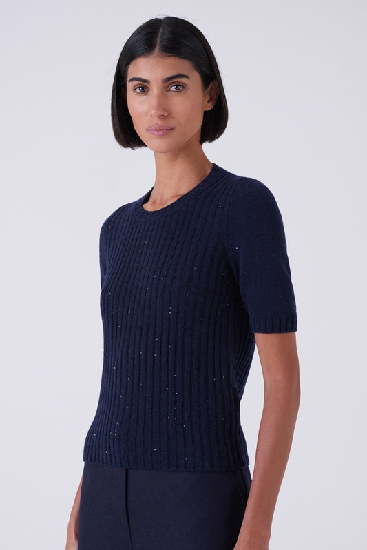 Sparkle Weave Ribbed Half-Sleeve Sweater