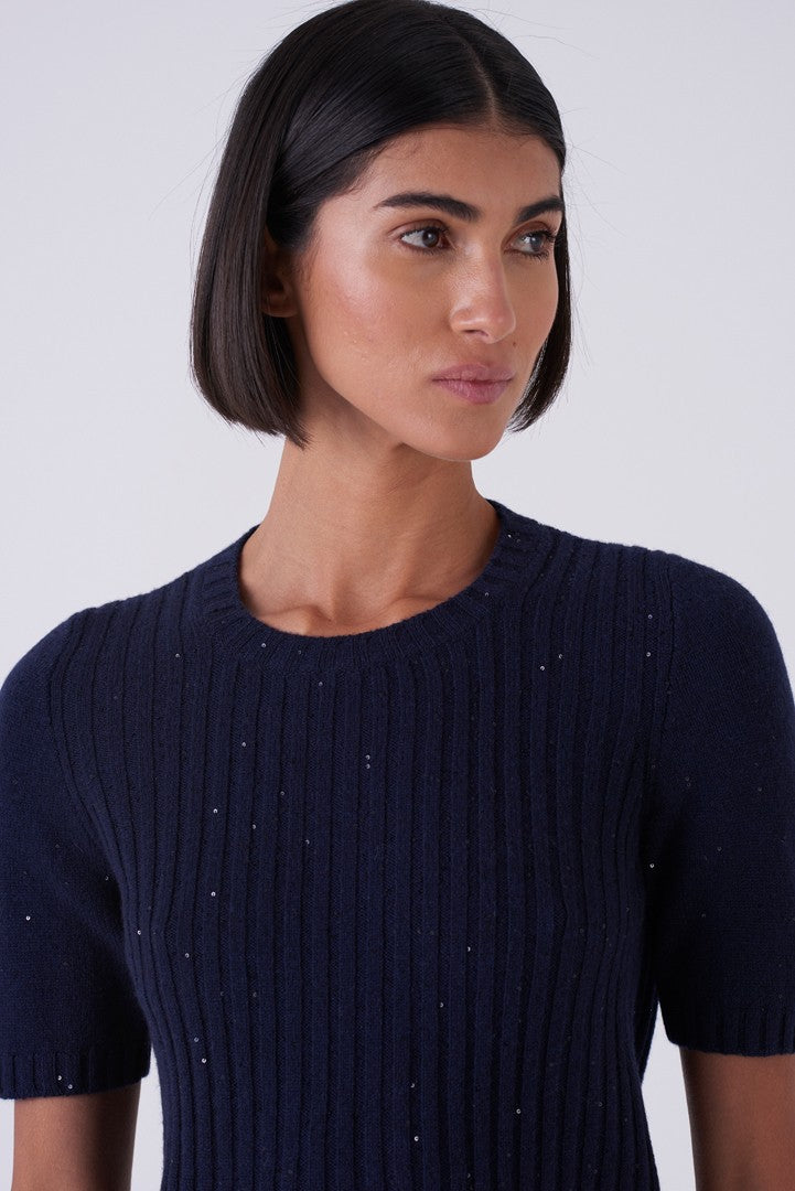 Sparkle Weave Ribbed Half-Sleeve Sweater